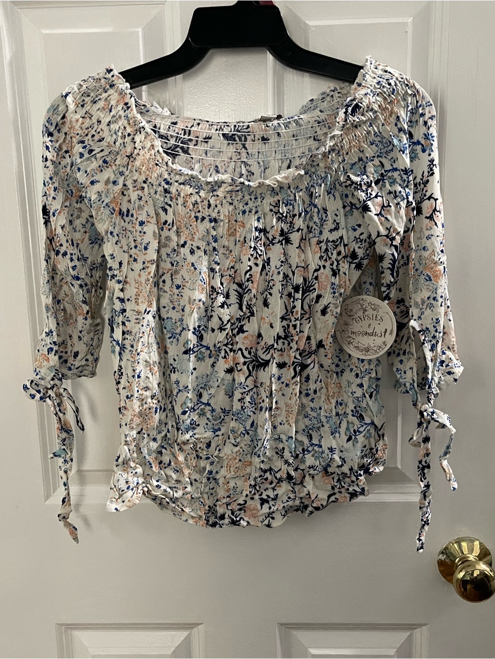 Gypsies & Moondust White Floral Peasant Blouse with Blue & Tan Accents